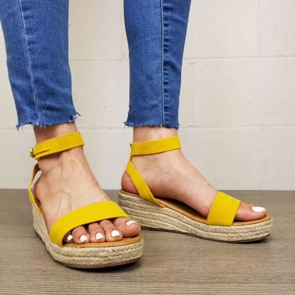 Yellow Open Toe Espadrille Wedge Sandals - Picture 7 of 8